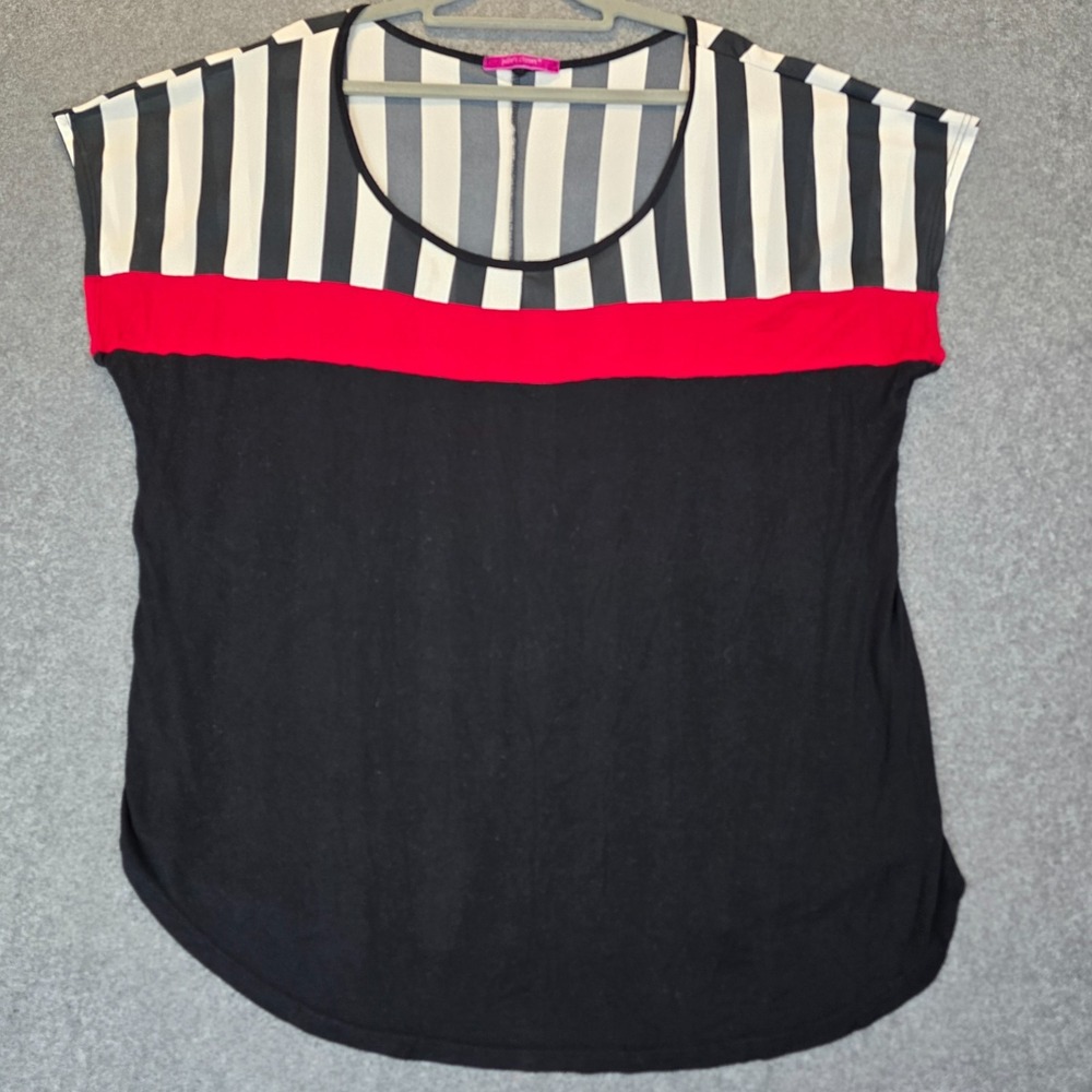 Julie's Closet Blouse Top Womens Multicolor Striped Casual Round Neck Curved Hem